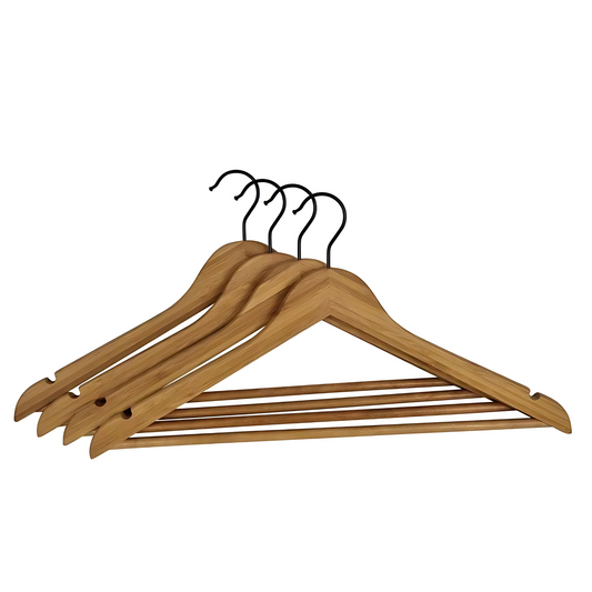 Four bamboo coat hangers with black matte hooks, neatly stacked.